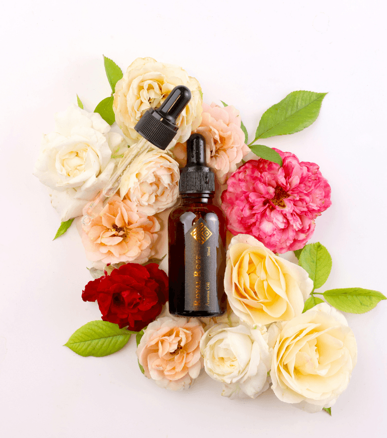 Harsavi essential oil bottle with flowers
